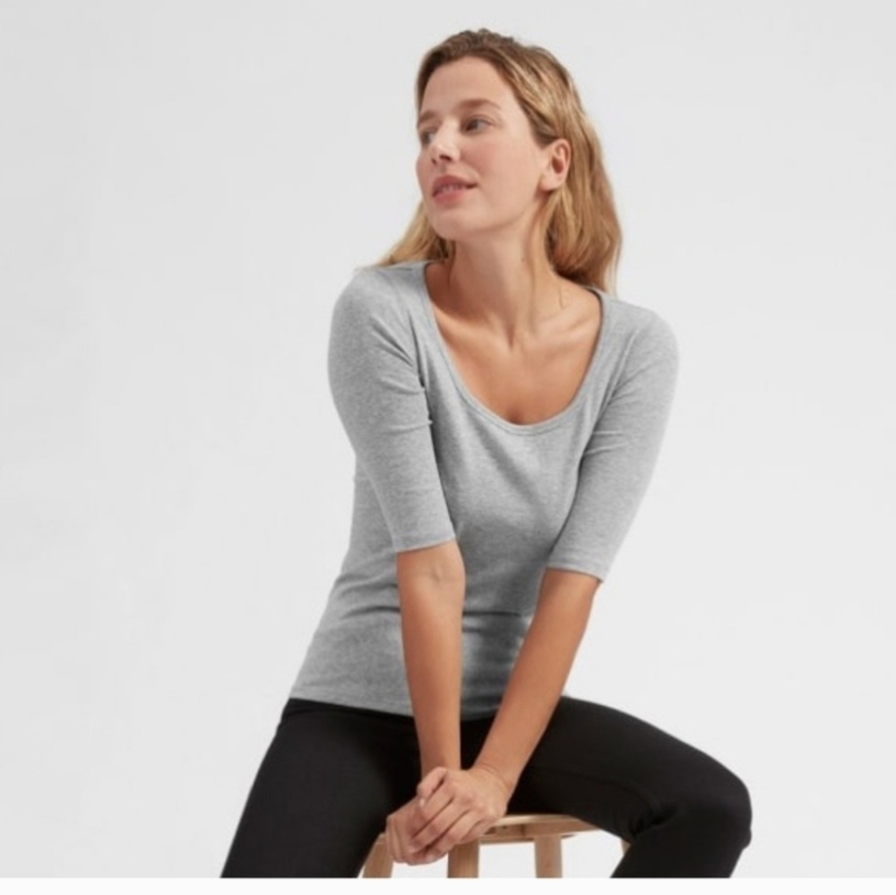 Everlane The Pima Gray 3/4 Sleeves Ribbed T-shirt Cotton Stretch xs